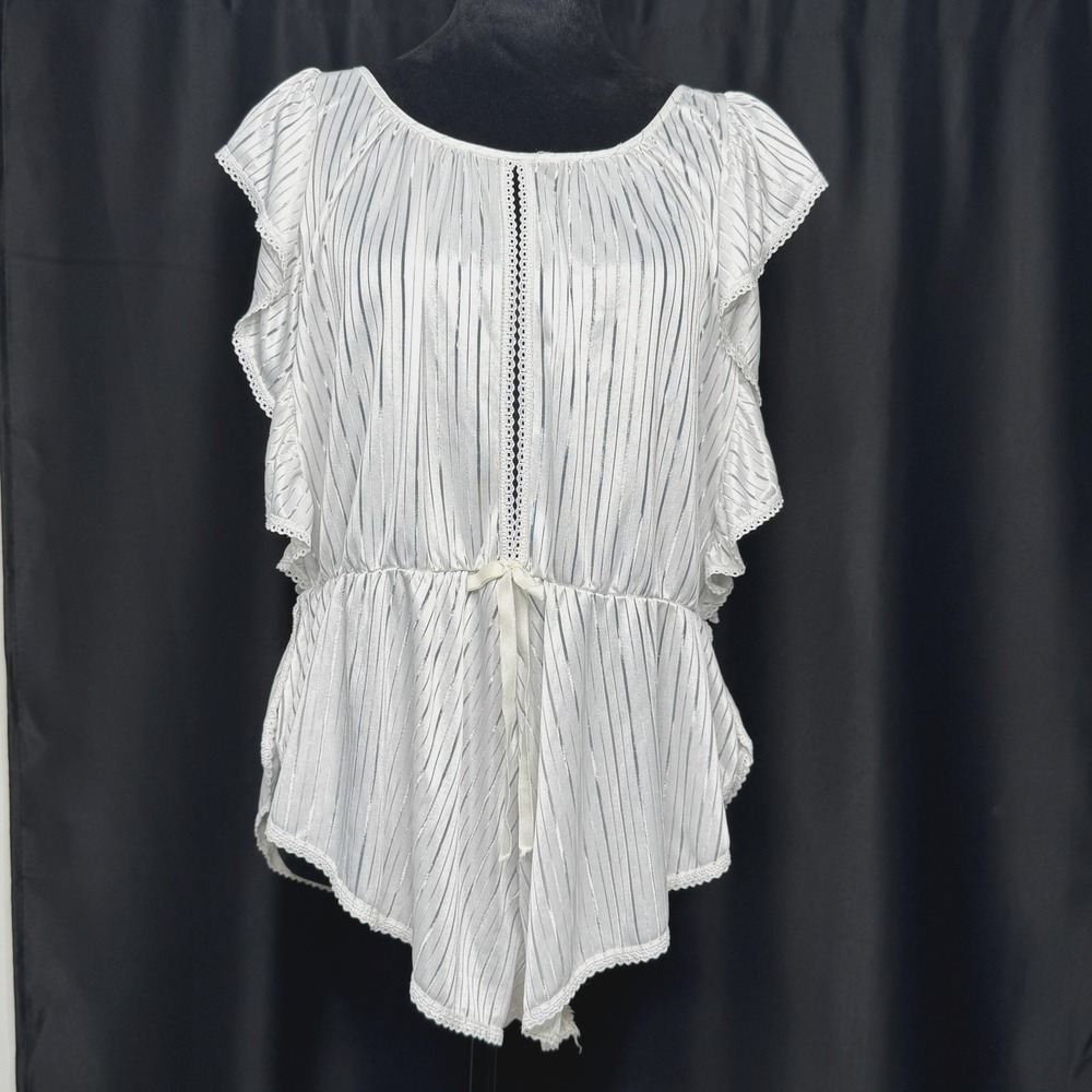 Vtg Elissia Teddy Bodysuit Womens Small Lingerie White Stripe Ruffle Nighty USA